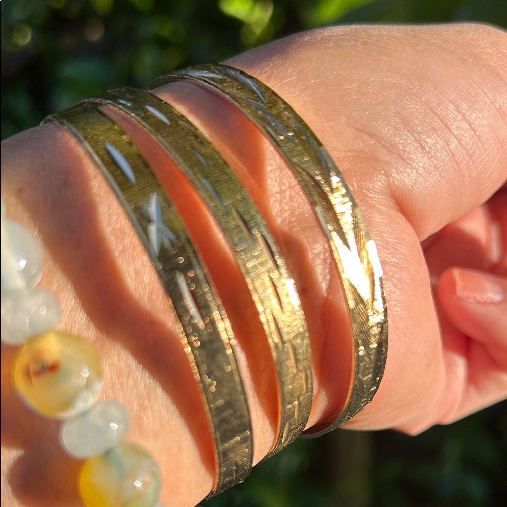 Three 14K Gold Plated Etched Bangle Bracelet Set - Women Jewelry Size 7.5”